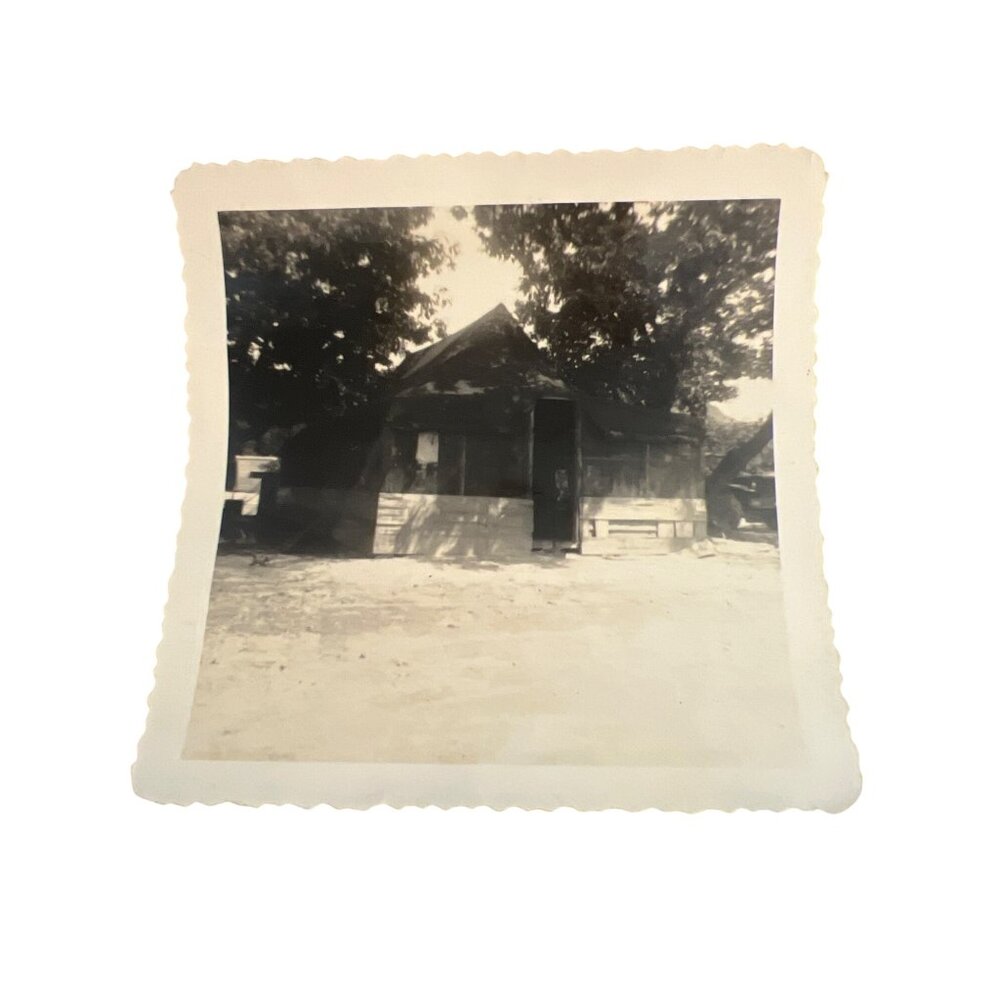 Vintage Black White Photo Korean War B Company Supply Tent With Scalloped Edges